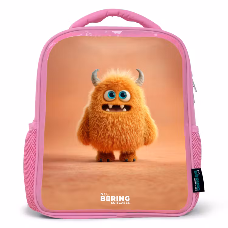 Kids backpack - Pink - Orange Fluffy Monster with Horns — 1