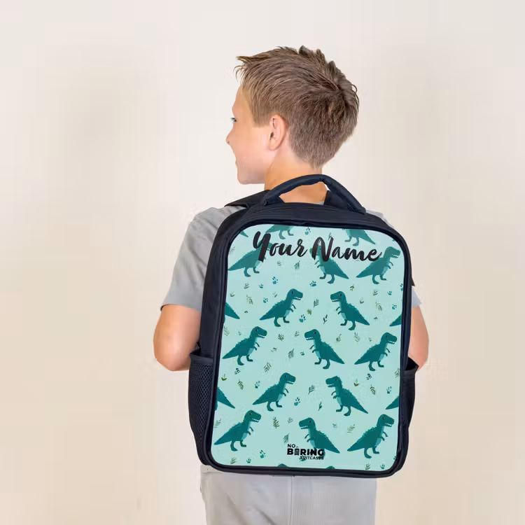 Kids backpack with name - Black - Dinos - Pattern - Green — 2