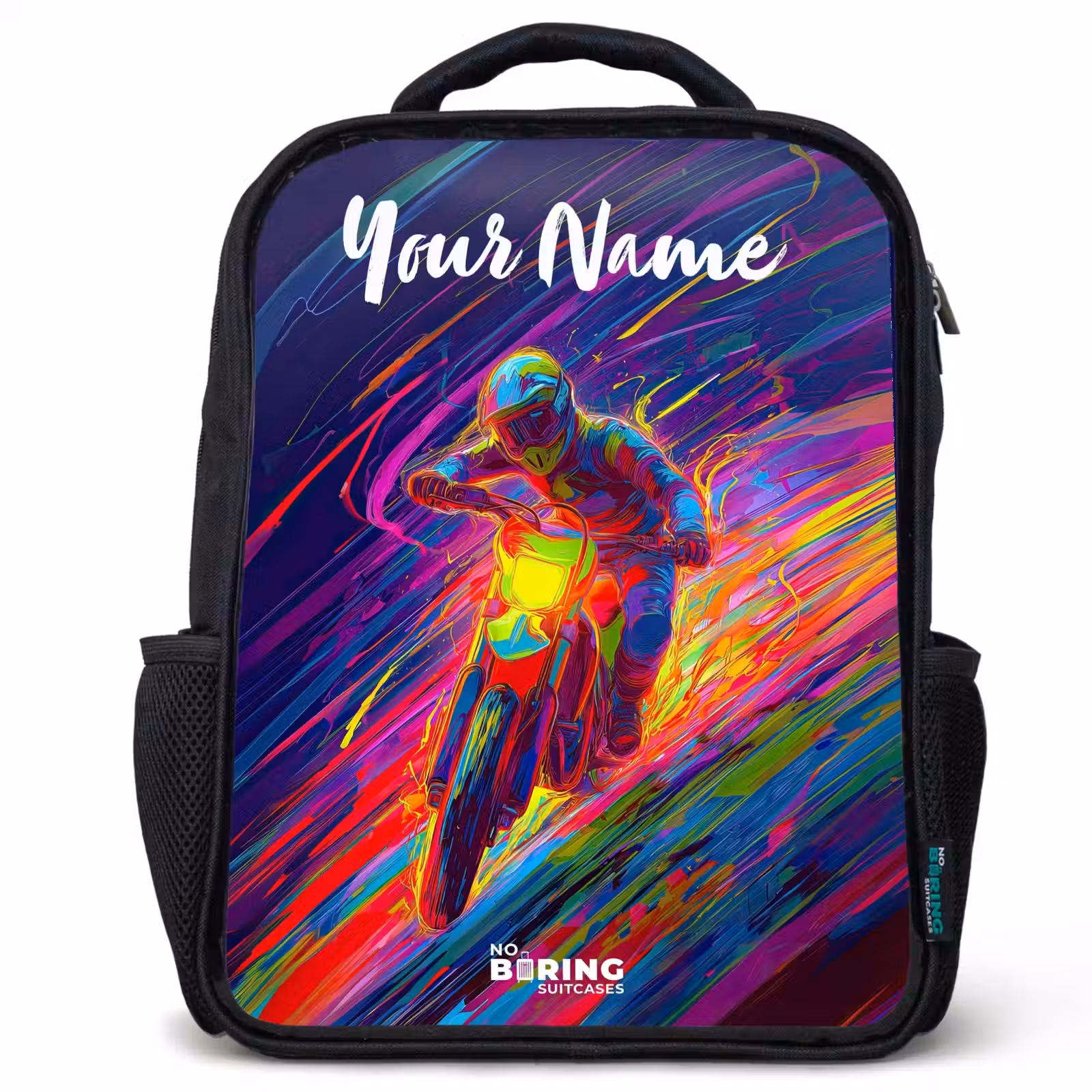 Kids backpack with name - Black - Cross bike - Neon colors - Lines - Helmet — 1