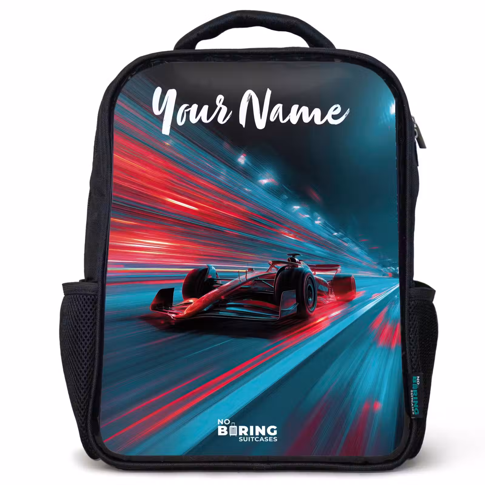 Kids backpack with name - Black - Formula 1 - Race car - Red - Neon lights — 1