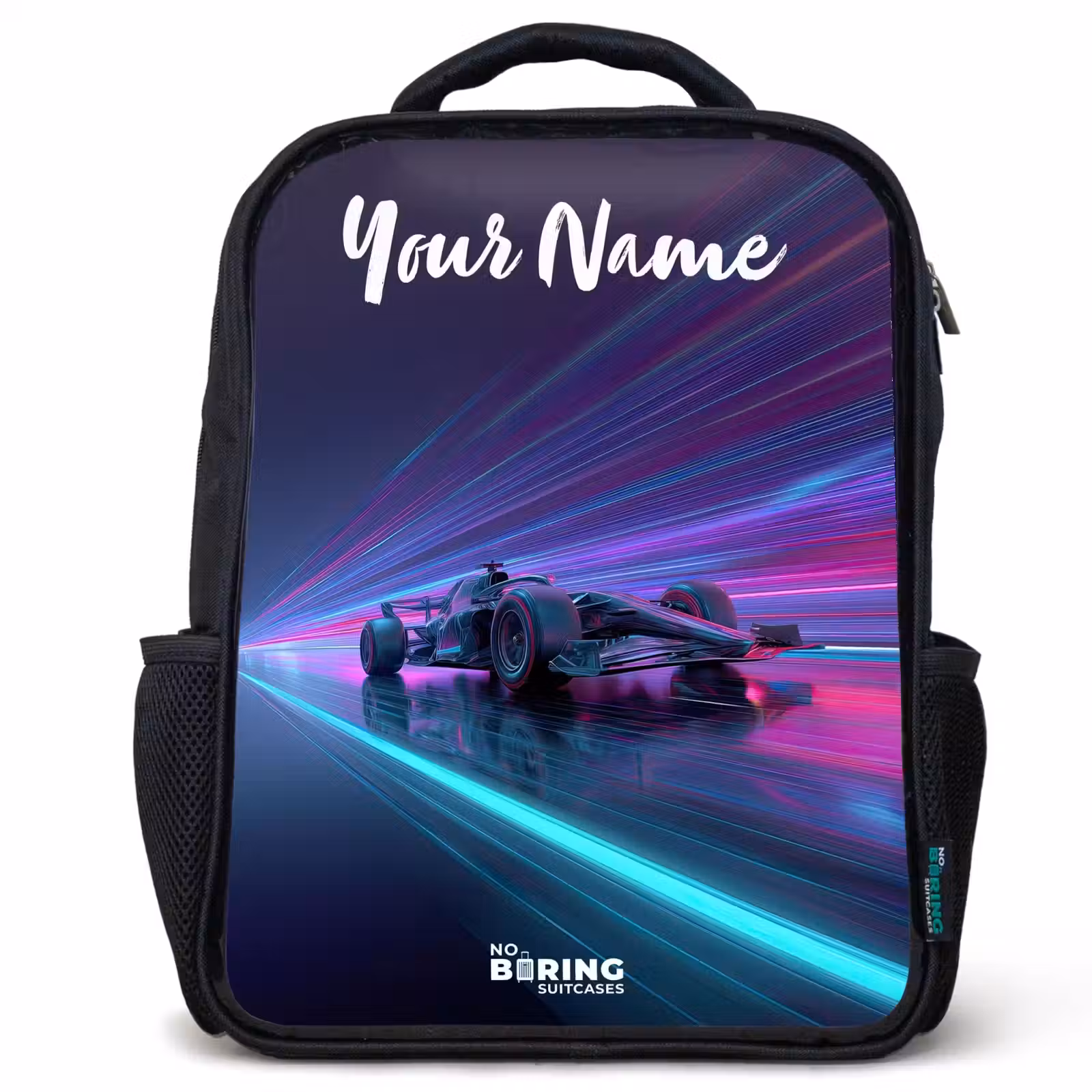Kids backpack with name - Black - Light beams - Neon - Racing car - Purple — 1