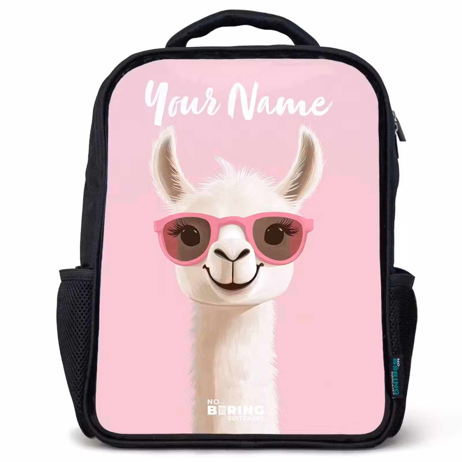 Kids backpack with name - Black - Llama - White - Sunglasses - Eyelashes — 1