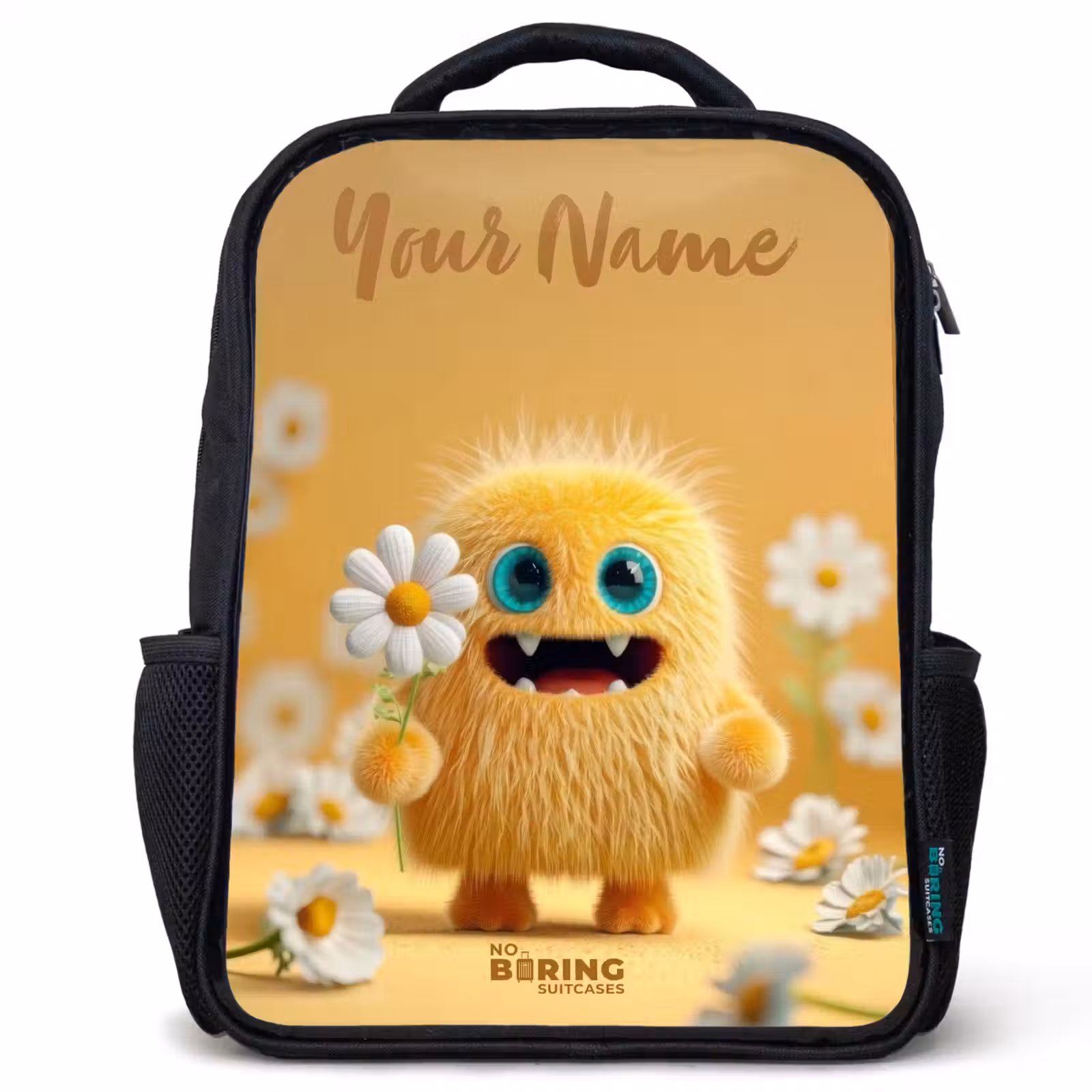 Kids backpack with name - Black - Monster - Creature - Flower - Yellow — 1
