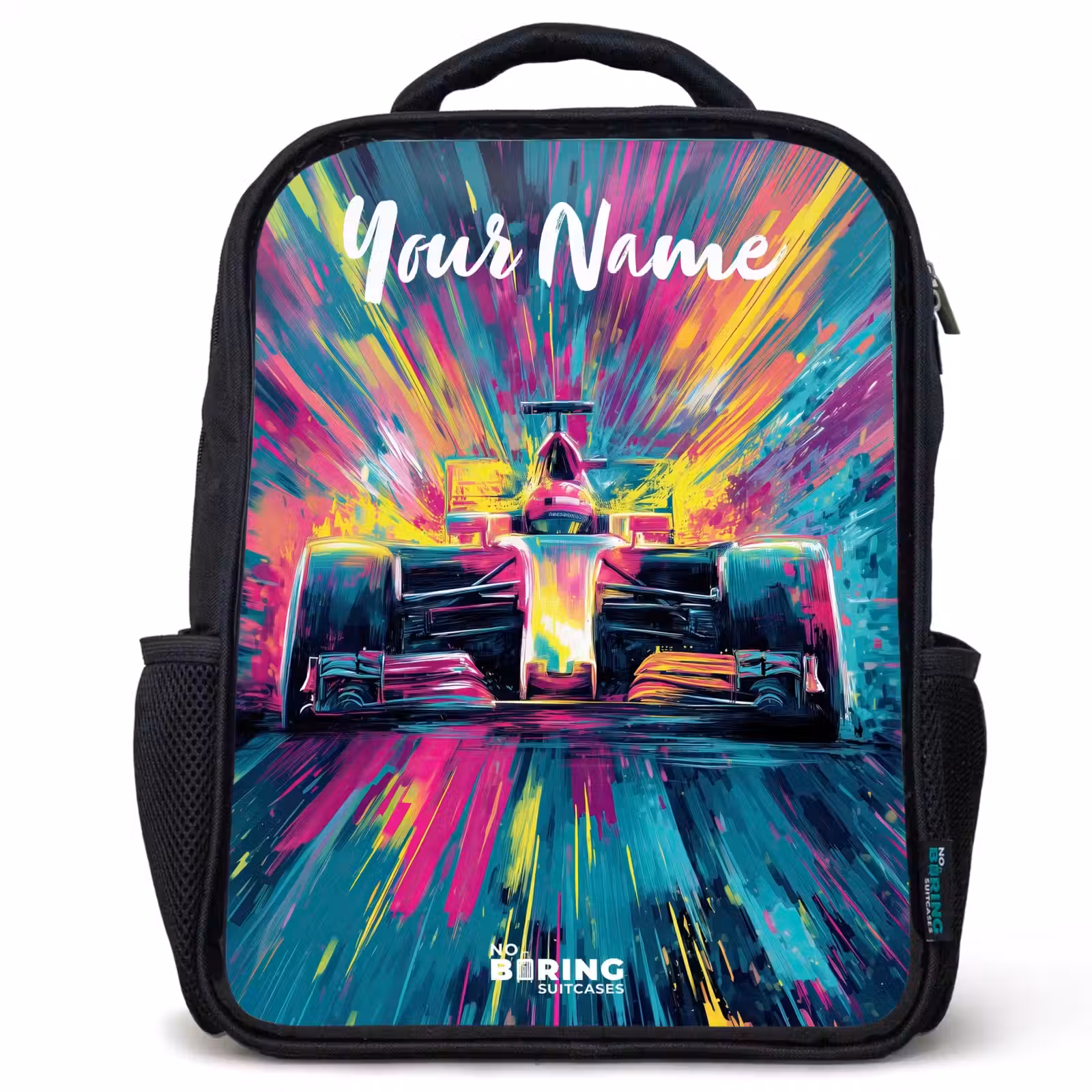Kids backpack with name - Black - Race car - Abstract - Stripes - Blue — 1