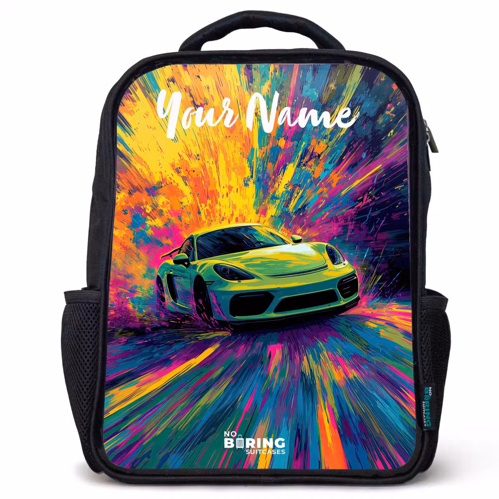 Kids backpack with name - Black - Sports car - Green - Paint stripes - Colors — 1