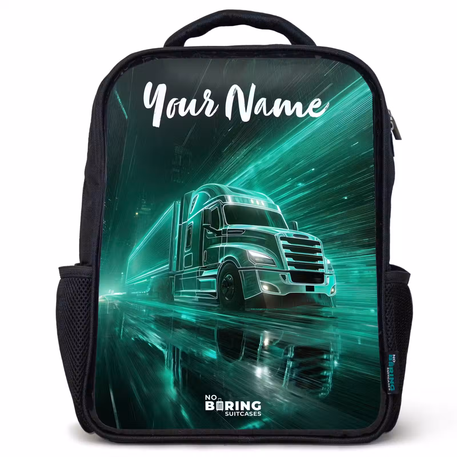 Kids backpack with name - Black - Truck - City - Green - Neon — 1
