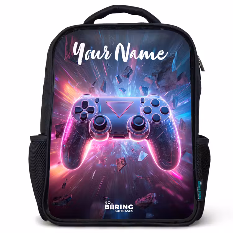 Kids backpack with name - Black - Controller - Neon - Game — 1