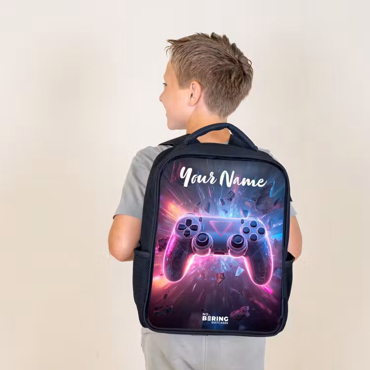 Kids backpack with name - Black - Controller - Neon - Game — 2