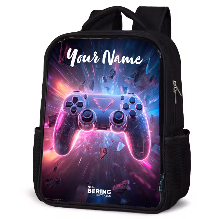 Kids backpack with name - Black - Controller - Neon - Game — 4