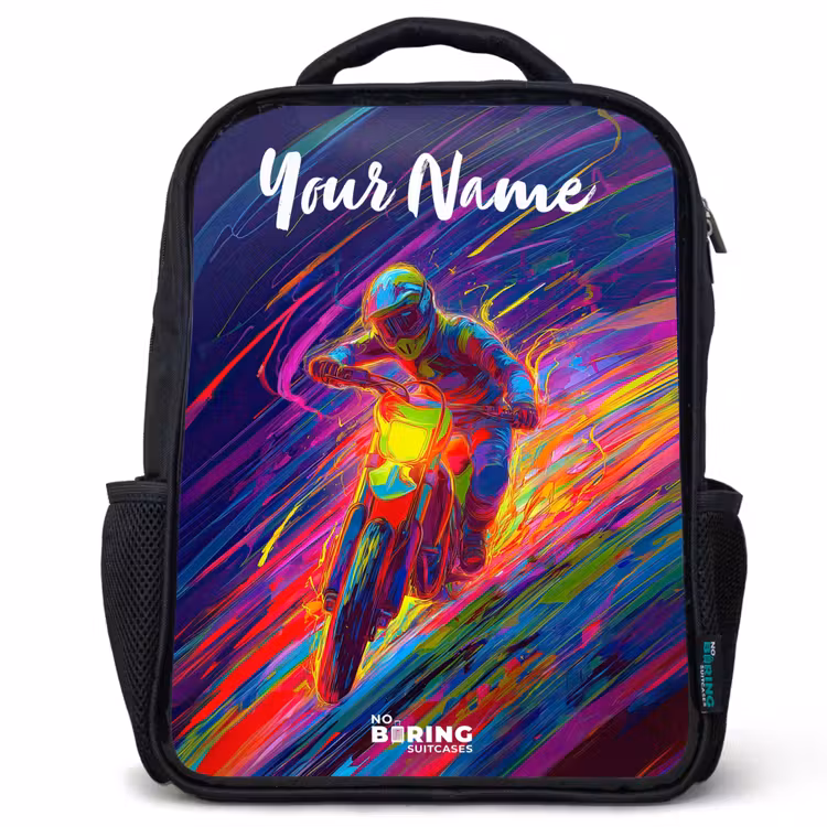 Kids backpack with name - Black - Cross bike - Neon colors - Lines - Helmet — 1