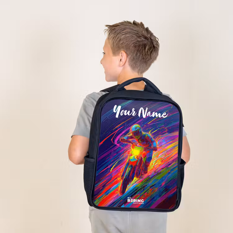Kids backpack with name - Black - Cross bike - Neon colors - Lines - Helmet — 2