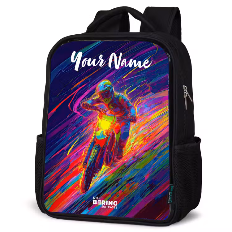 Kids backpack with name - Black - Cross bike - Neon colors - Lines - Helmet — 4