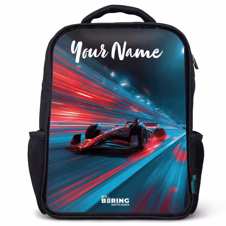 Kids backpack with name - Black - Formula 1 - Race car - Red - Neon lights — 1
