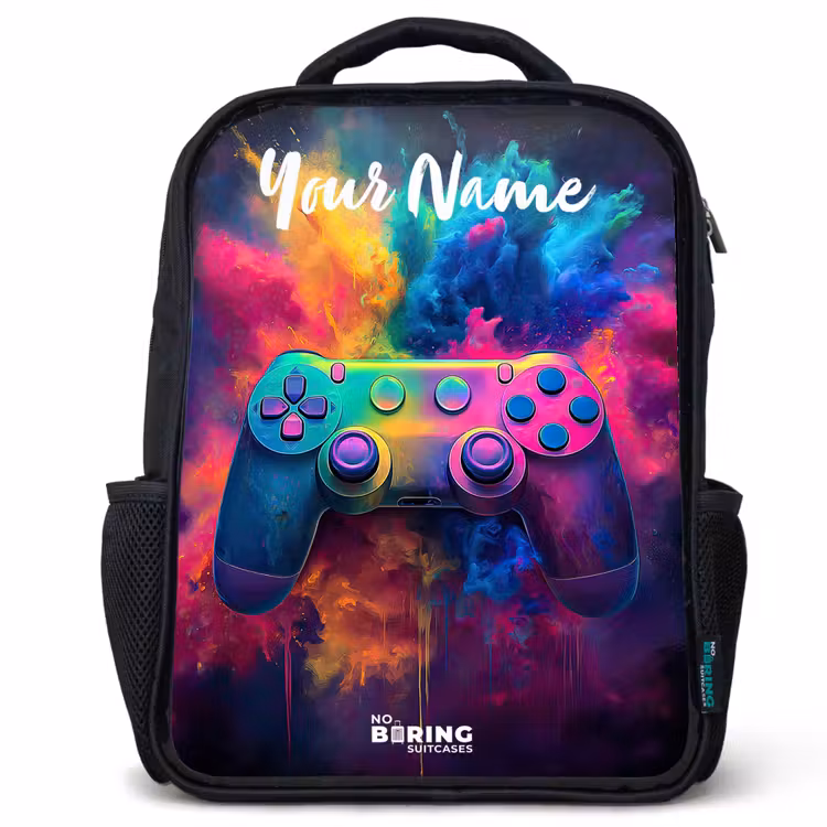 Kids backpack with name - Black - Game - Controller - Colorful - Explosion — 1