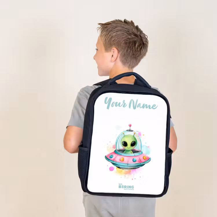 Kids backpack with name - Black - Green alien in colorful UFO — 2