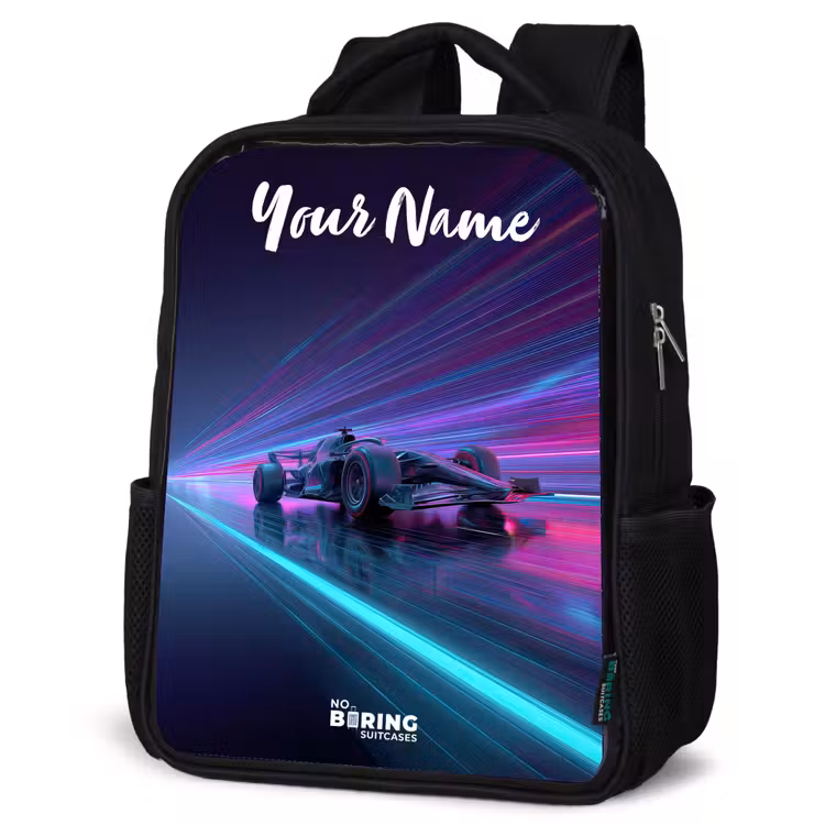 Kids backpack with name - Black - Light beams - Neon - Racing car - Purple — 4