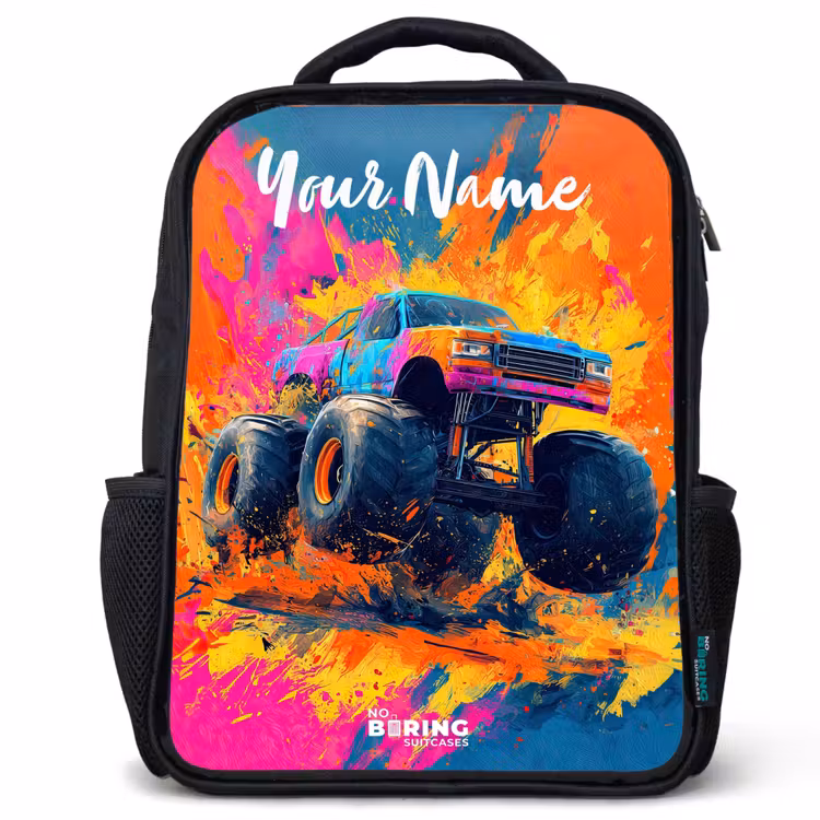 Kids backpack with name - Black - Monster truck - Abstract - Paint splatters - Colorful — 1