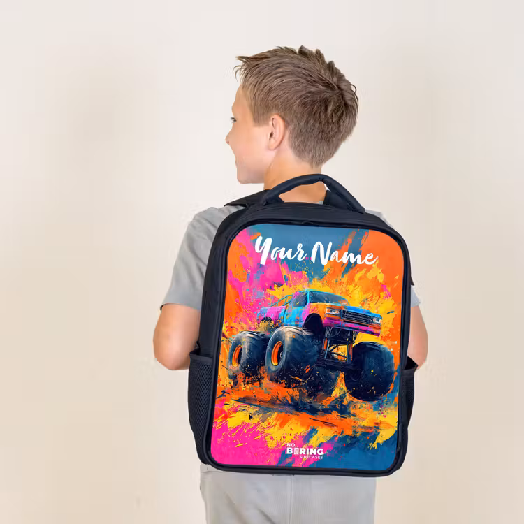 Kids backpack with name - Black - Monster truck - Abstract - Paint splatters - Colorful — 2