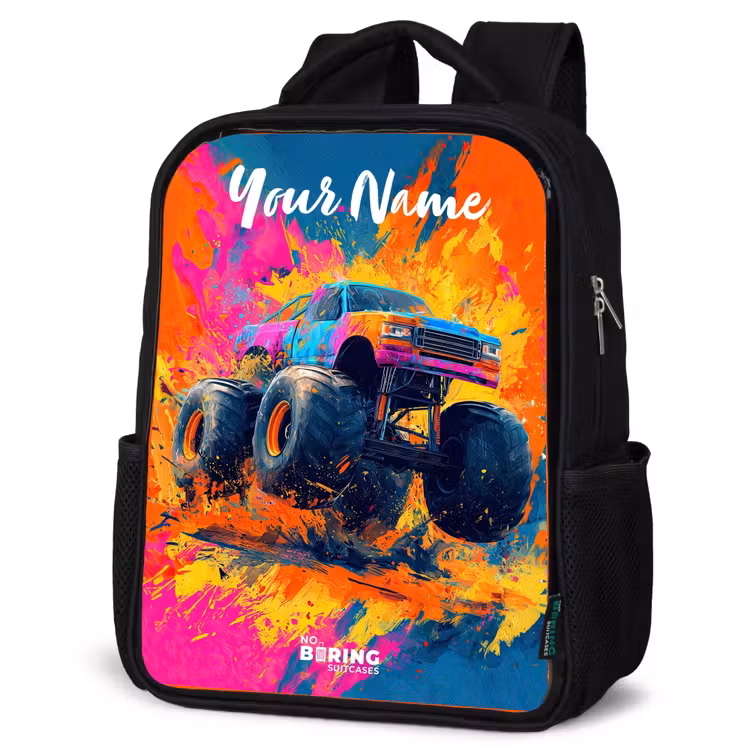 Kids backpack with name - Black - Monster truck - Abstract - Paint splatters - Colorful — 4