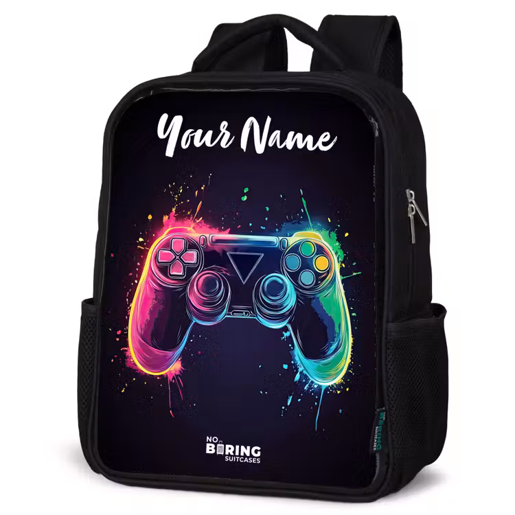 Kids backpack with name - Black - Neon - Controller - Paint splashes - Game — 4