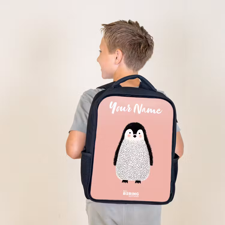 Kids backpack with name - Black - Penguin - Dots - Pink - Minimalist — 2