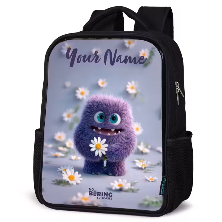 Kids backpack with name - Black - Purple Fluffy Friend with Daisy — 4