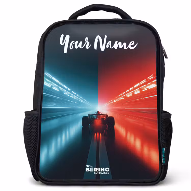 Kids backpack with name - Black - Race car - Lighting - Neon - Red — 1