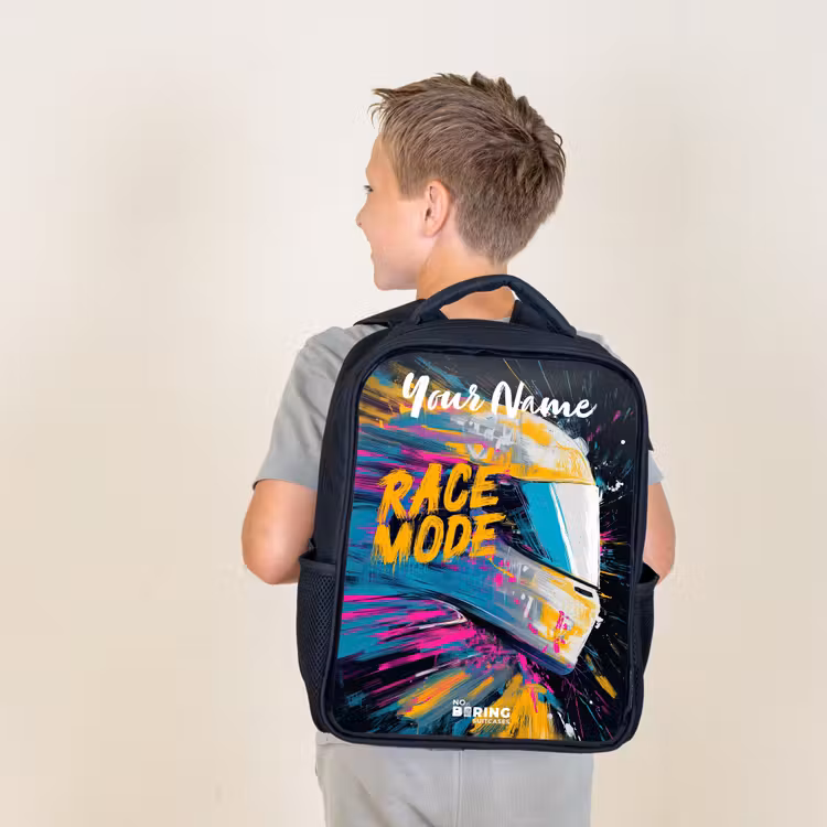 Kids backpack with name - Black - Racing helmet - Abstract - Paint - Colorful — 2
