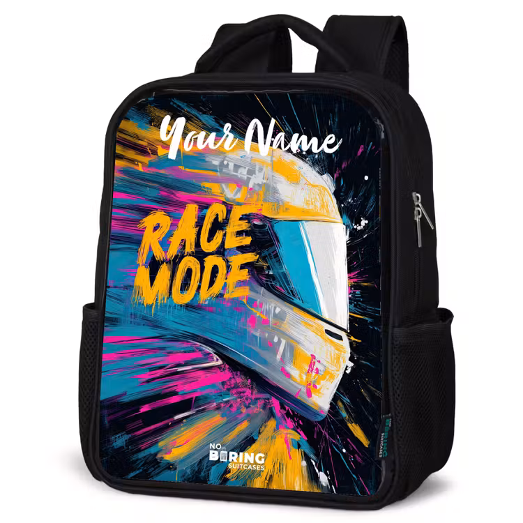 Kids backpack with name - Black - Racing helmet - Abstract - Paint - Colorful — 4