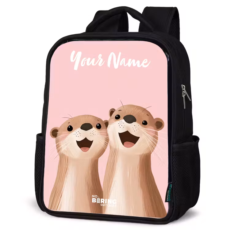 Kids backpack with name - Black - Smile - Otters - Pink - Illustration — 4