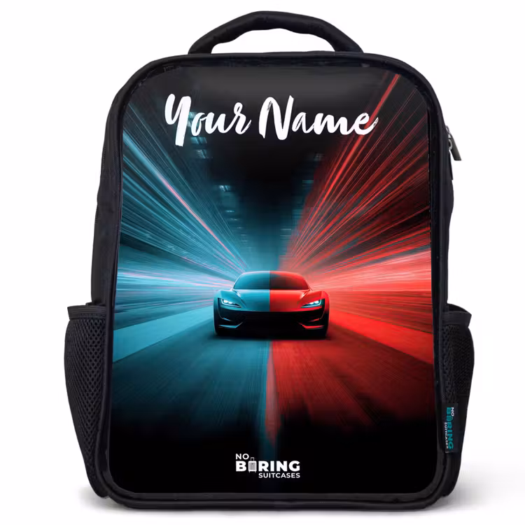 Kids backpack with name - Black - Sports car - Blue - Neon - City — 1
