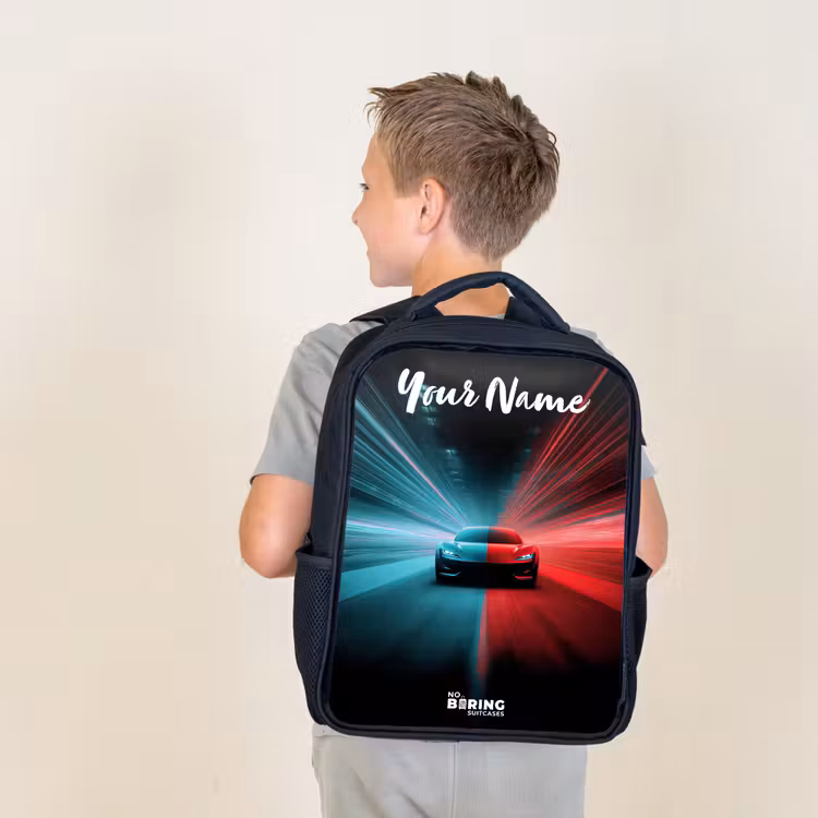 Kids backpack with name - Black - Sports car - Blue - Neon - City — 2