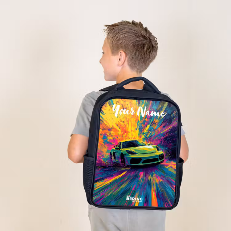 Kids backpack with name - Black - Sports car - Green - Paint stripes - Colors — 2