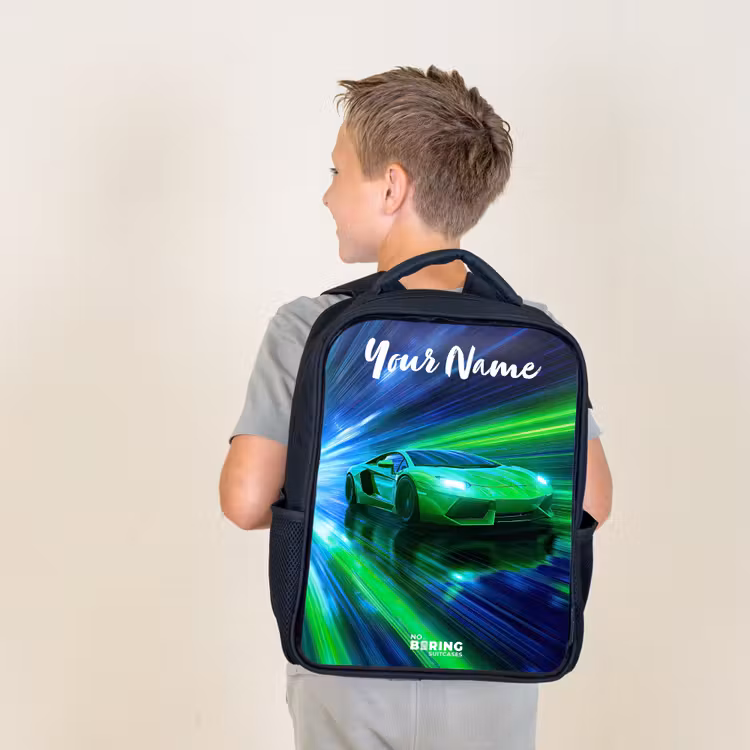 Kids backpack with name - Black - Sports car - Green - Speed Lines - Neon — 2