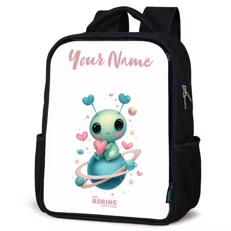 Kids backpack with name - Black - Sweet alien creature with heart — 4