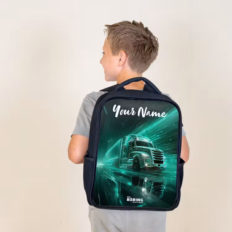 Kids backpack with name - Black - Truck - City - Green - Neon — 2