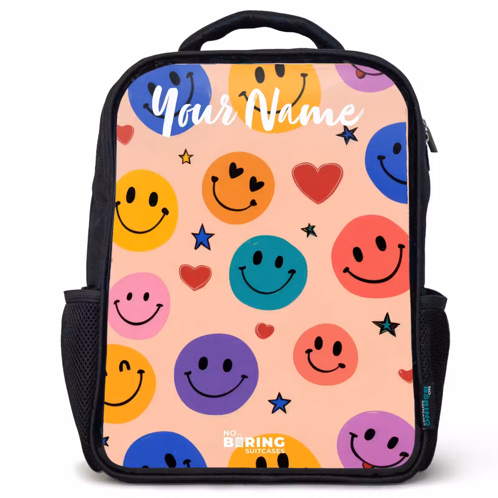 Kids backpack with name - Black - Cheerful Smiley Pattern — 1