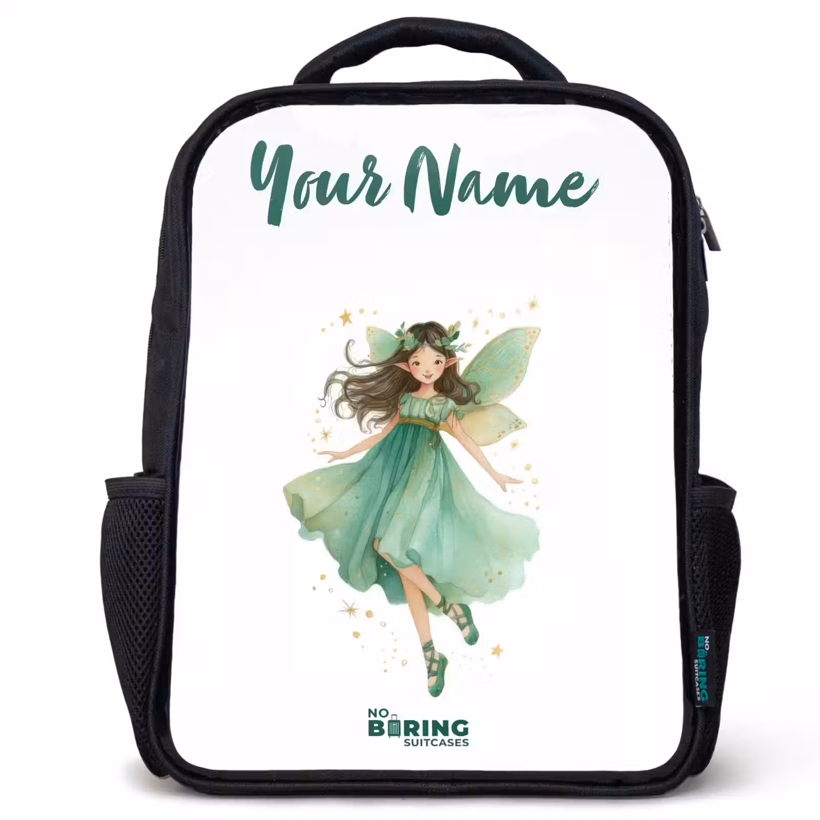 Kids backpack with name - Black - Floating green elf — 1