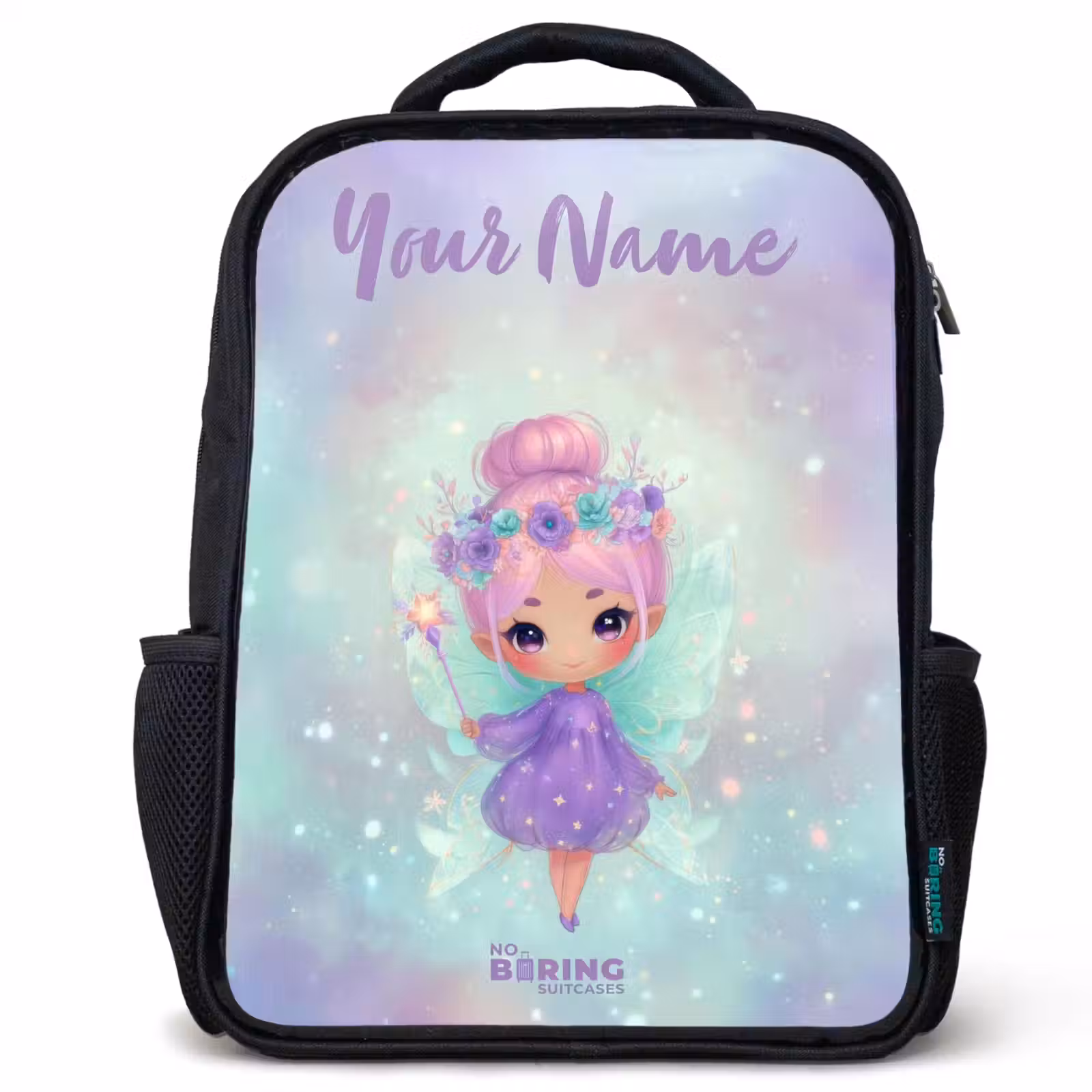 Kids backpack with name - Black - Flower fairy in pastel shine — 1