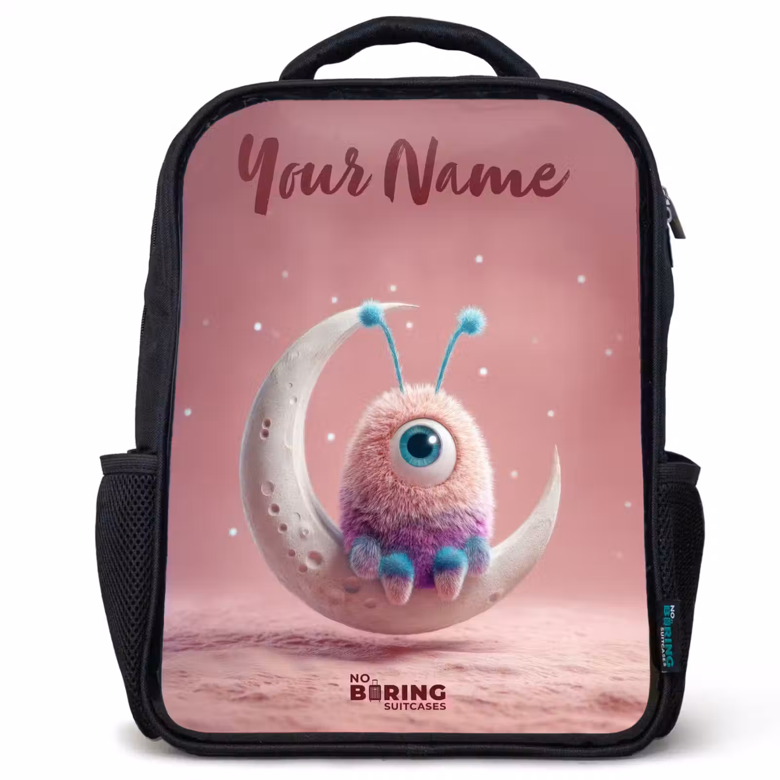 Kids backpack with name - Black - Moon rocker with Fluffy Weasel — 1