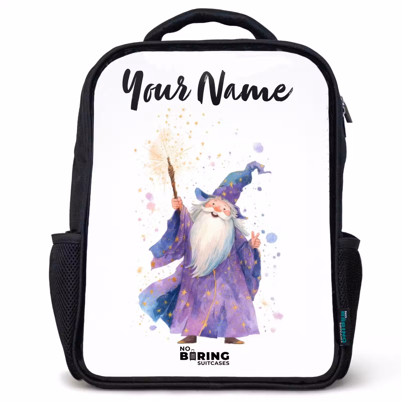 Kids backpack with name - Black - Old magician with staff — 1
