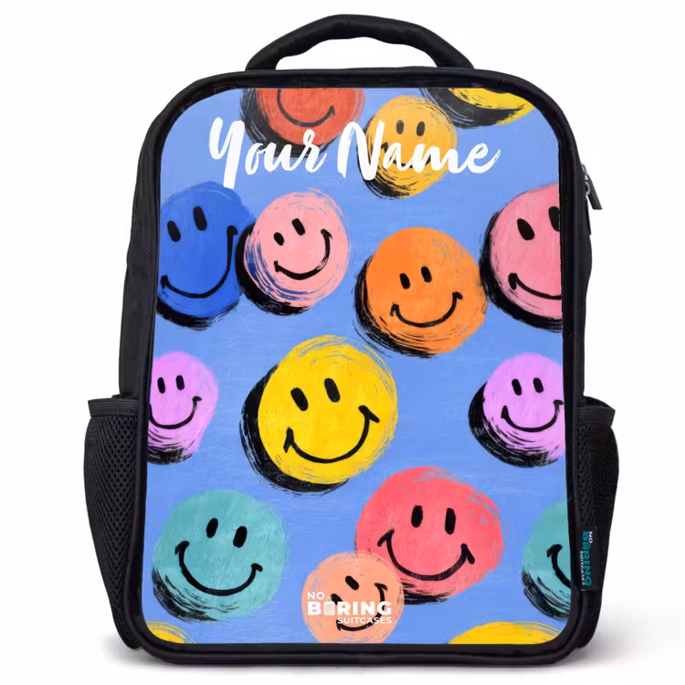 Kids backpack with name - Black - A playful and artistic pattern of colorful smileys — 1