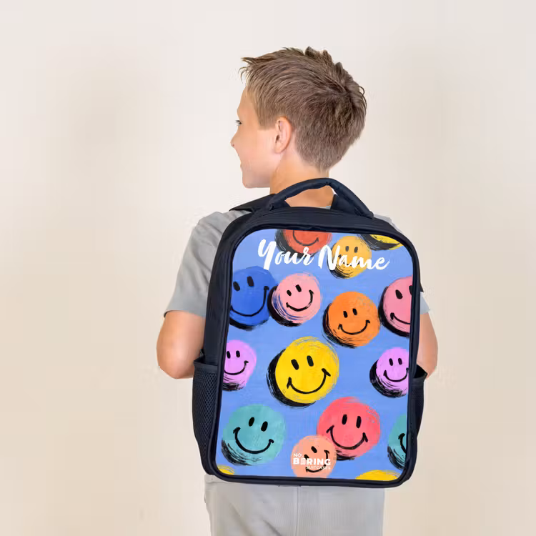 Kids backpack with name - Black - A playful and artistic pattern of colorful smileys — 2