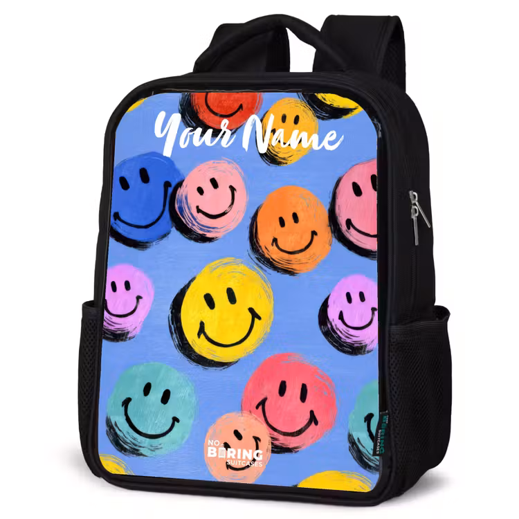 Kids backpack with name - Black - A playful and artistic pattern of colorful smileys — 4