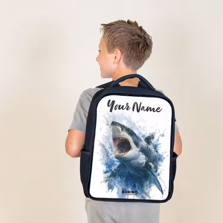 Kids backpack with name - Black - Attacking shark in watercolor — 2