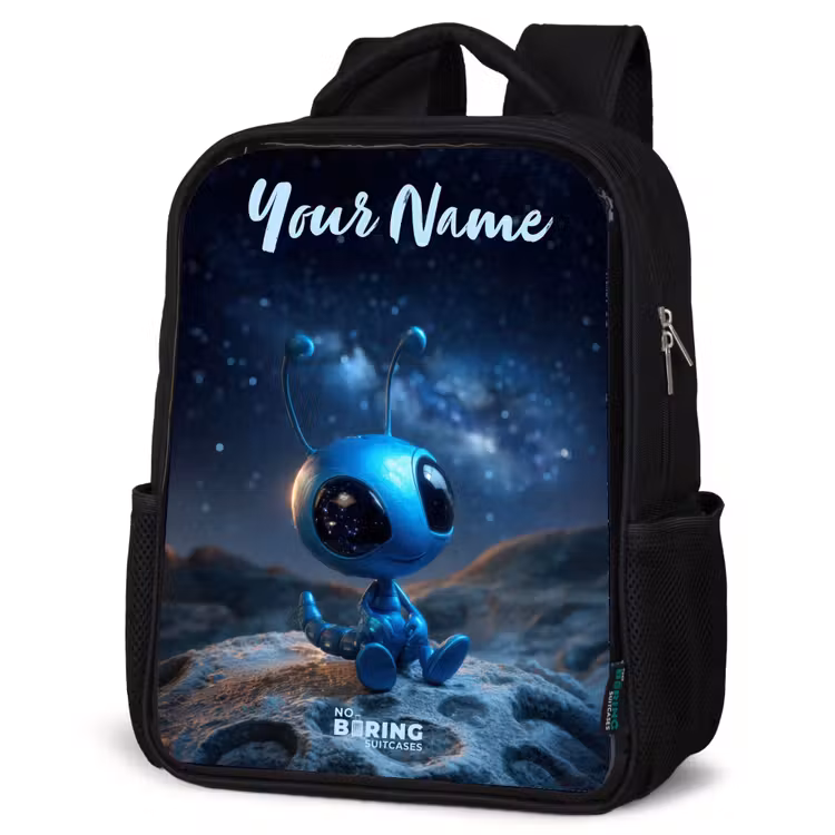 Kids backpack with name - Black - Blue alien creature under starry sky — 4