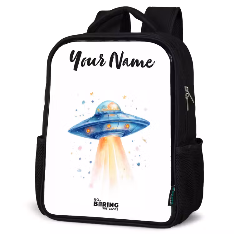 Kids backpack with name - Black - Blue spaceship with beam of light — 4