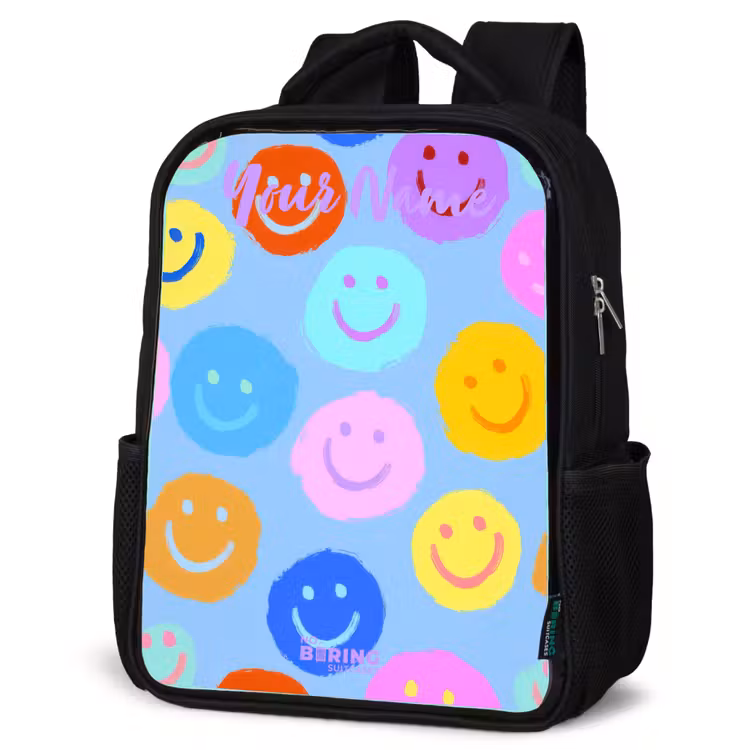 Kids backpack with name - Black - Cheerful pattern of smileys — 4