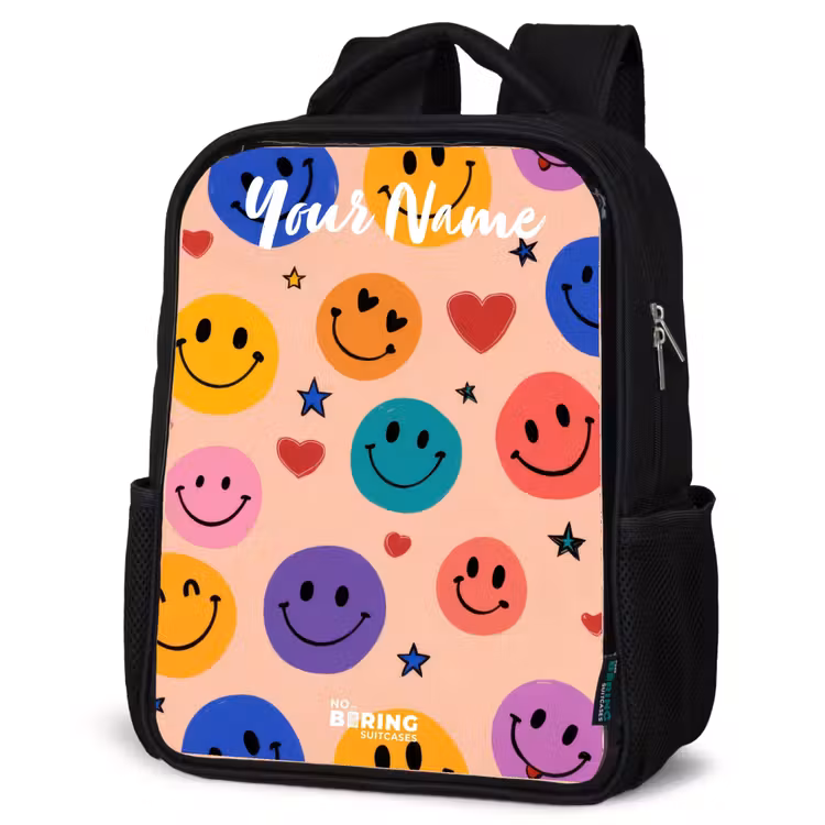 Kids backpack with name - Black - Cheerful Smiley Pattern — 4