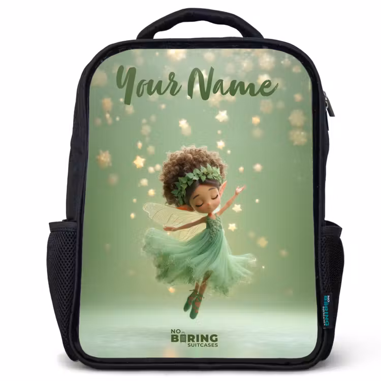 Kids backpack with name - Black - Dancing fairy in green light — 1